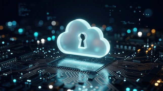 Digital security concept featuring a glowing cloud and padlock over a circuit board for code compliance.