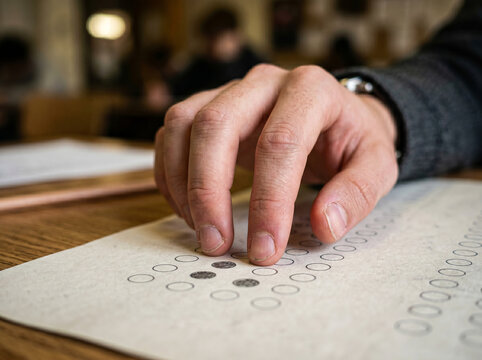 Hand hovering over multiple choice test form deciding on answer