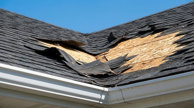 Close up of a broken asphalt roof with missing shingles and visible wood decking.