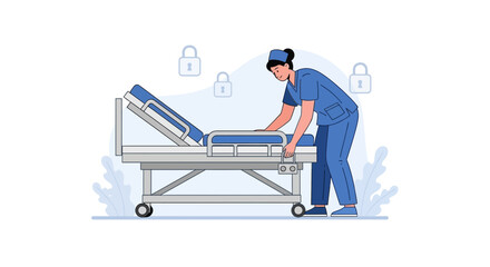 Fototapeta premium Nurse Adjusting Hospital Bed with Safety Locks and Abstract Medical Elements
