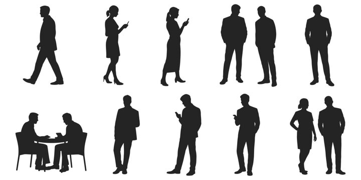 People silhouettes, elevation side view human figures, architectural 2D vector characters for section drawings, landscape planning