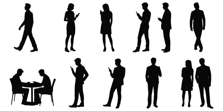 People silhouettes, elevation side view human figures, architectural 2D vector characters for section drawings, landscape planning