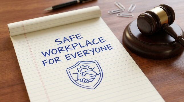Occupational health and employee rights represented by a notepad and wooden gavel.
