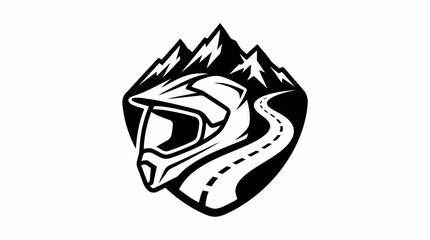 Black and white motorcycle helmet with rugged mountains and winding road, adventure and off-road biking concept, isolated white background. © Koko