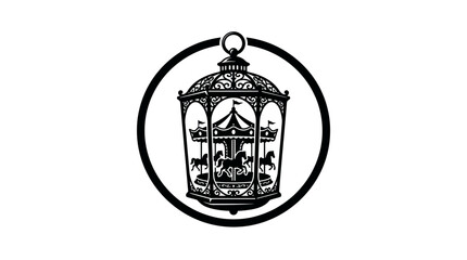 Classic carousel or merry-go-round with horses, enclosed in a circular frame, symbolizing childhood joy and amusement parks, isolated white background © Koko