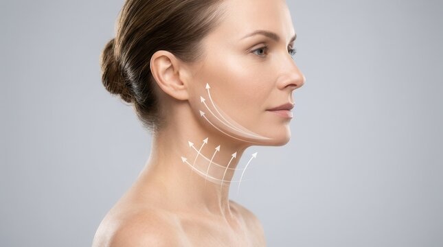 Facelift and age defying therapy concept featuring an attractive woman with neck massage lines.