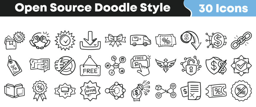 Set of thirty creative hand drawn open source doodle icons