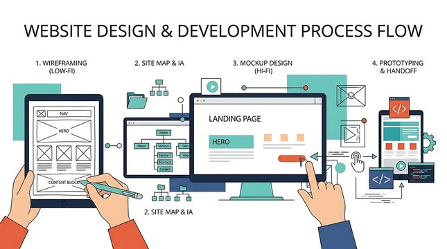 Website design and development process flow infographic with four steps
