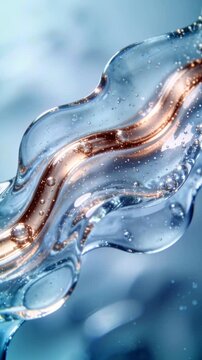 Vertical video of abstract copper peptide serum flowing in blue liquid. Translucent fluid with metallic streak and bubbles. Luxury skincare and cosmetic science concept