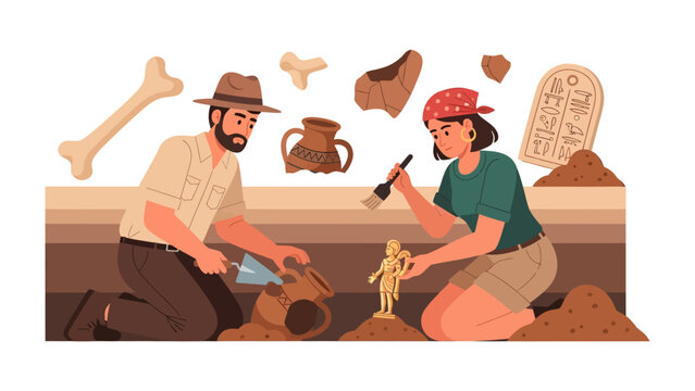 Archaeological Dig: Two archaeologists carefully excavate ancient artifacts from a stratified dig site, unearthing pottery, bones, and inscriptions that whisper tales of the past.
