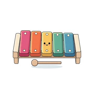 Cute flat vector illustration of colorful toy train with smiling face.