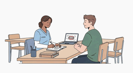 Fototapeta premium A dentist consulting with a patient in a modern clinic. The dentist is a woman with dark skin and the patient is a young man. They are sitting at a table with a laptop and dental chart