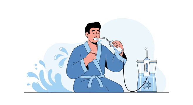 Man Using Water Flosser for Oral Hygiene and Dental Care Routine in Bathroom
