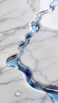 Vertical video of blue copper peptide serum flowing on white marble. Luxury skincare gel moving along metallic rose gold veins. Cosmetic treatment and anti-aging concept