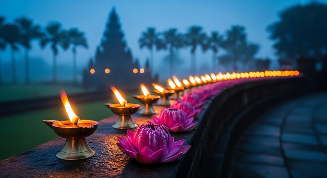 Lit candles and pink flowers on a stone railing at dusk near a temple