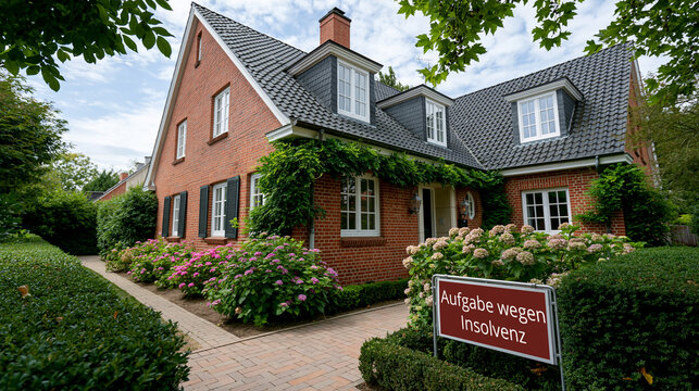 Gepflegtes norddeutsches Backsteinhaus mit Schild &bdquo;Aufgabe wegen Insolvenz" und bl&uuml;hendem Garten.