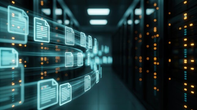 Digital data flow and information security concept with holographic document icons in a modern server room.