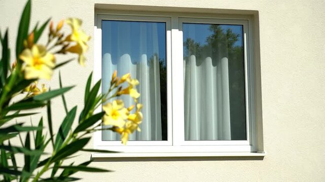 Modern white plastic window on a light textured wall with yellow oleander flowers in the foreground