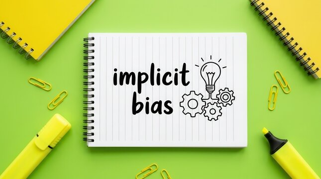 Conceptual illustration of implicit bias on a notepad with idea and mechanical gear symbols.