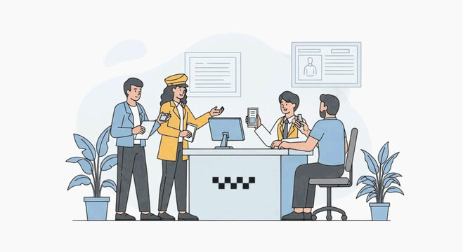 A scene of people interacting at a taxi counter, with one person appearing to be an employee assisting customers. There are plants and office-like elements in the background