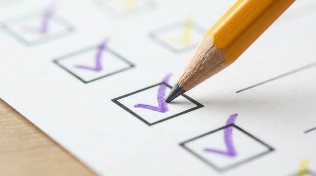Post-implementation review process showing a pencil checking boxes to uncover opportunities for continuous improvement.