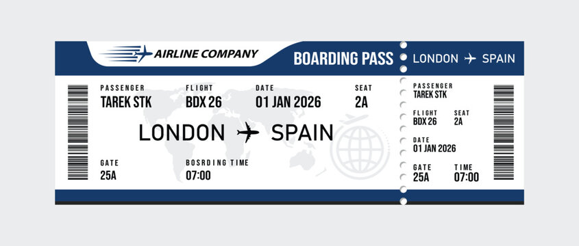 White airline boarding pass for london to spain flight with blue accents and flight details