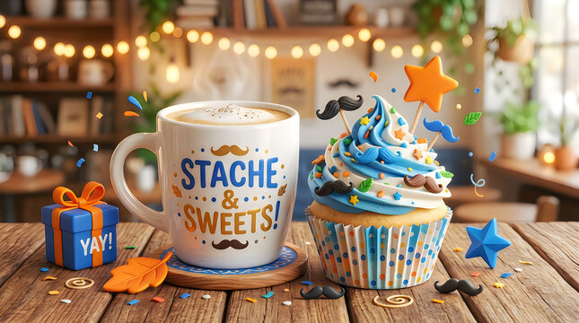 Cute coffee mug with cake and stache sweets theme
