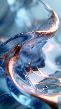 Vertical video of abstract blue fluid with shimmering copper particles. Viscous liquid flowing in slow motion. Copper peptides and skincare science concept