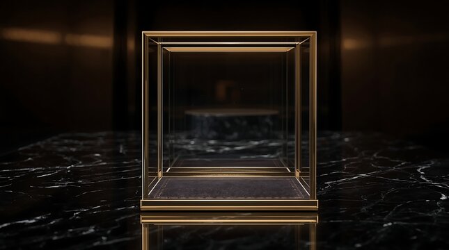 Elegant Empty Display Case on Marble Surface with Golden Frame.