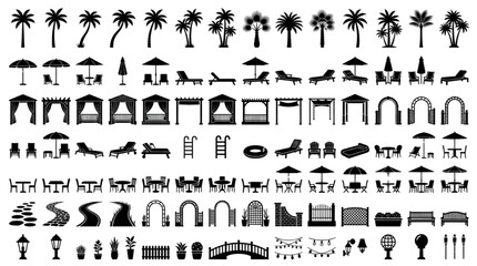 Naklejka premium Resort Outdoor Landscape Silhouette Bundle – Palm Tree, Sun Lounger, Gazebo, Pergola & Pool Design Elements 