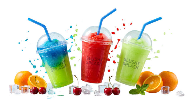 Three colorful slushy drinks with fruit isolated on transparent background
