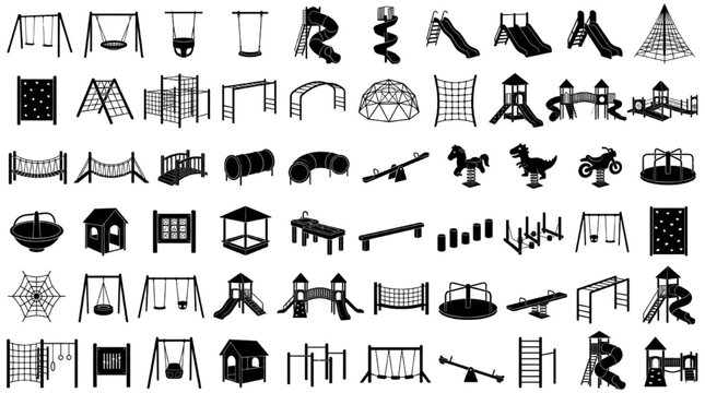 Playground Equipment Silhouette Bundle &ndash; Swing, Slide, Climbing Frame, Seesaw & Park Play Structures
