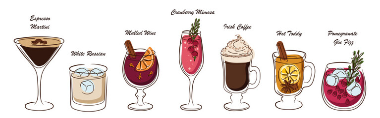 Fototapeta premium Cozy autumn winter cocktail vector set with espresso martini, white russian, mulled wine, cranberry mimosa, irish coffee, hot toddy and pomegranate gin fizz. Isolated on white.
