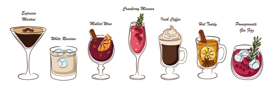 Cozy autumn winter cocktail vector set with espresso martini, white russian, mulled wine, cranberry mimosa, irish coffee, hot toddy and pomegranate gin fizz. Isolated on white.