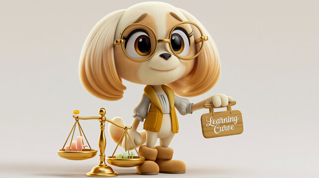 Dreidimensionale Cartoon-Hundefigur mit Brille h&auml;lt ein Schild mit der Aufschrift &bdquo;Learning Curves" und steht neben einer goldenen Waage