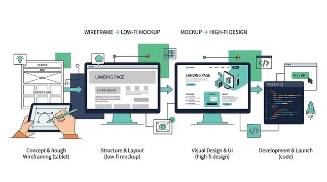 Web design process from wireframe to live website on computer screens