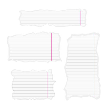 Four blank ripped notebook lined paper sheets scraps fragments collection set with pink margins vector
