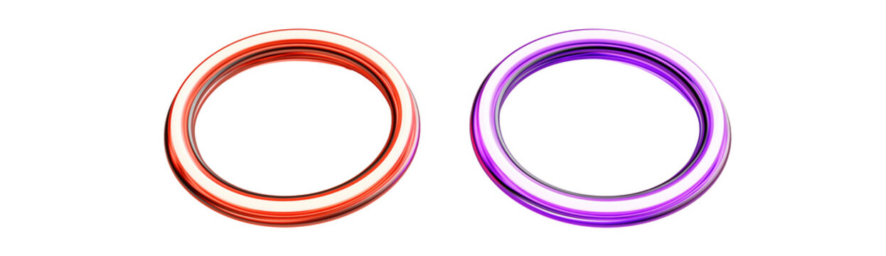 Colorful neon tube rings, purple and red, isolated on transparent