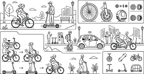 Eco friendly urban micro mobility transport set with people riding electric scooters and bicycles line art. © Mina Begum