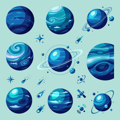 A collection of various blue planets and space objects in orbit © Carter