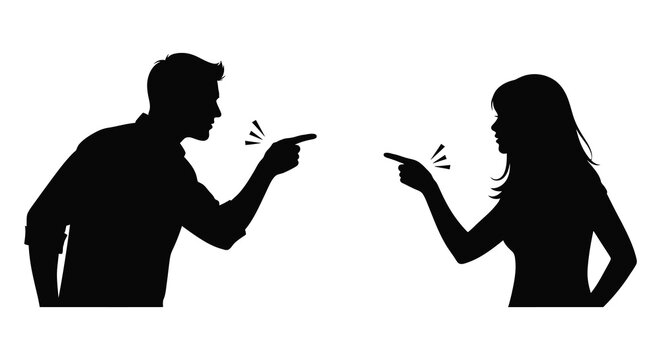 man and woman arguing while pointing fingers at each other black silhouette