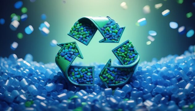recycling symbol above a pile of blue plastic pellets representing sustainability waste reduction and eco friendly practices in plastic recycling