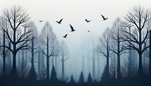 mysterious dark forest in thick fog with birds silhouette and copy space