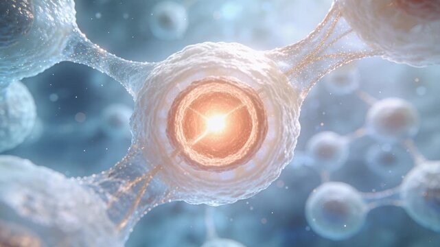 Microscopic view of copper peptide molecules with a glowing core. Cellular regeneration and skin care concept. 3D medical animation of molecular structures