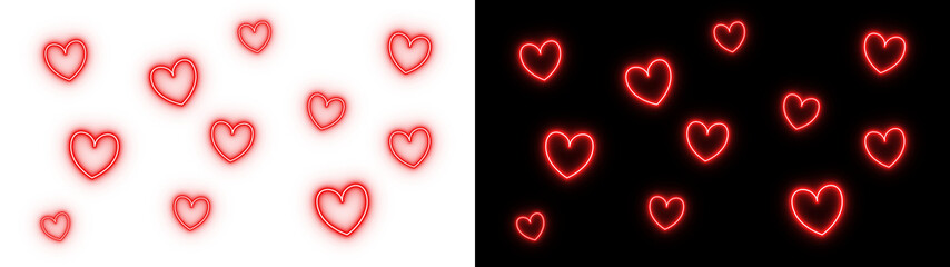 Seamless pattern background of many small red glowing neon hearts scattered on dark backdrop graphic © Tomash