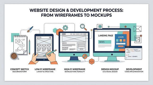 Website design and development process from wireframes to mockups infographic