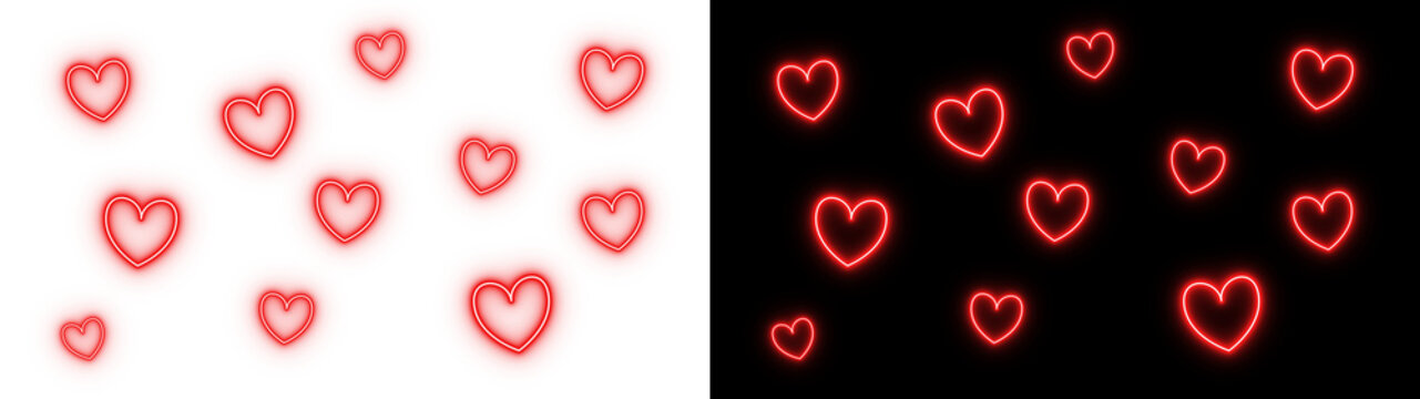 Seamless pattern background of many small red glowing neon hearts scattered on dark backdrop graphic