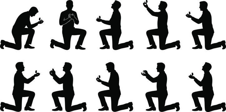 Set of male silhouettes kneeling and proposing with an engagement ring in various poses.