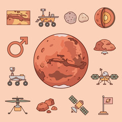 A collection of various space exploration icons on a light background © Hill