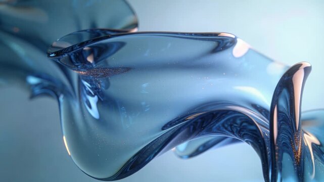 Abstract blue fluid with copper peptides shimmering inside. Twisting liquid glass motion on a light background. Skincare and molecular science concept